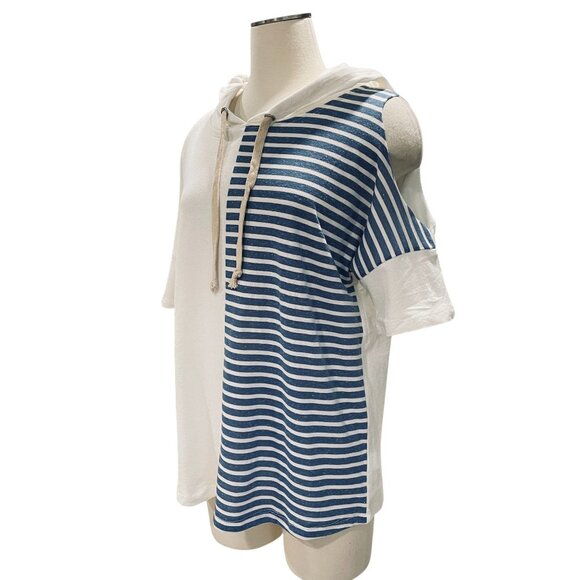 NWT Oversized Hayden LA Hoodie Tee Blue White Stripe Cotton Coastal Boho Top - Picture 8 of 9